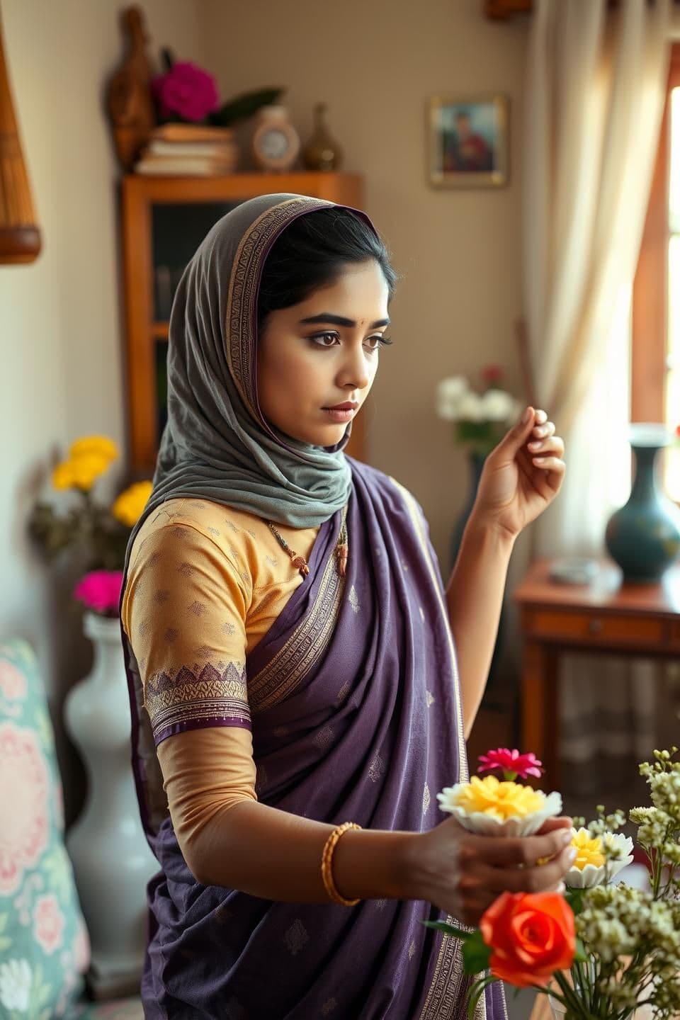 AI generated: An Indian Muslim girl, wearing a realistic traditional Indian saree and an elegant hijab, cleaning a room inside a cozy Indian home. She is dusting and arranging flowers while work