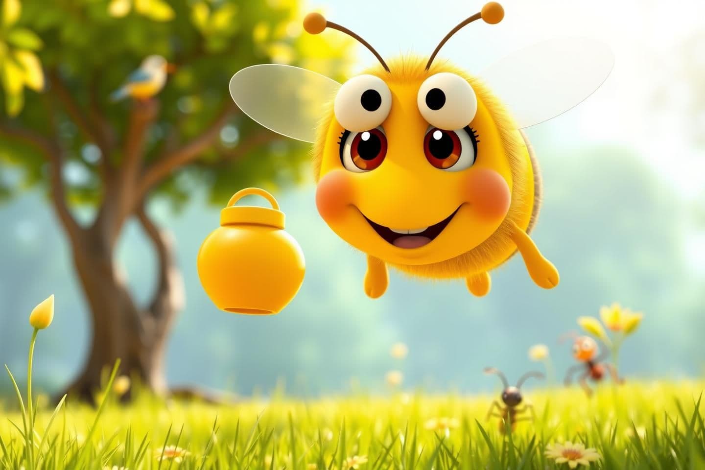 AI generated: Prompt: A catchy 3D cartoon style thumbnail for a kids' poem. Front view of a super cute happy honeybee with big eyes flying towards the camera holding a honey pot. In the blurred