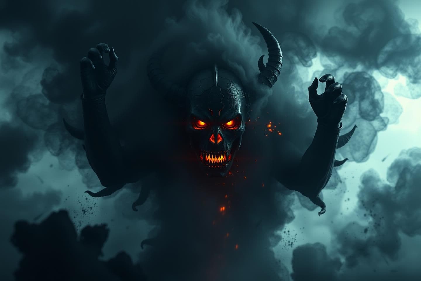 AI generated: Create a hyper-realistic, dark mythological cinematic scene of ‘Kali Purush’, emerging like a colossal shadow creature formed from human fears, negative emotions swirling around hi