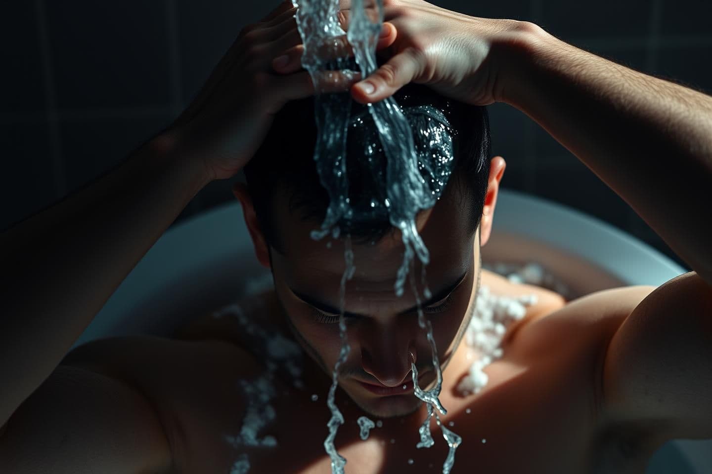 AI generated: Generate an image of a man doing head bath with the water coming from the top, like in his bathroom, and he should put one of hus hand on his head lime washing it, and other hand l