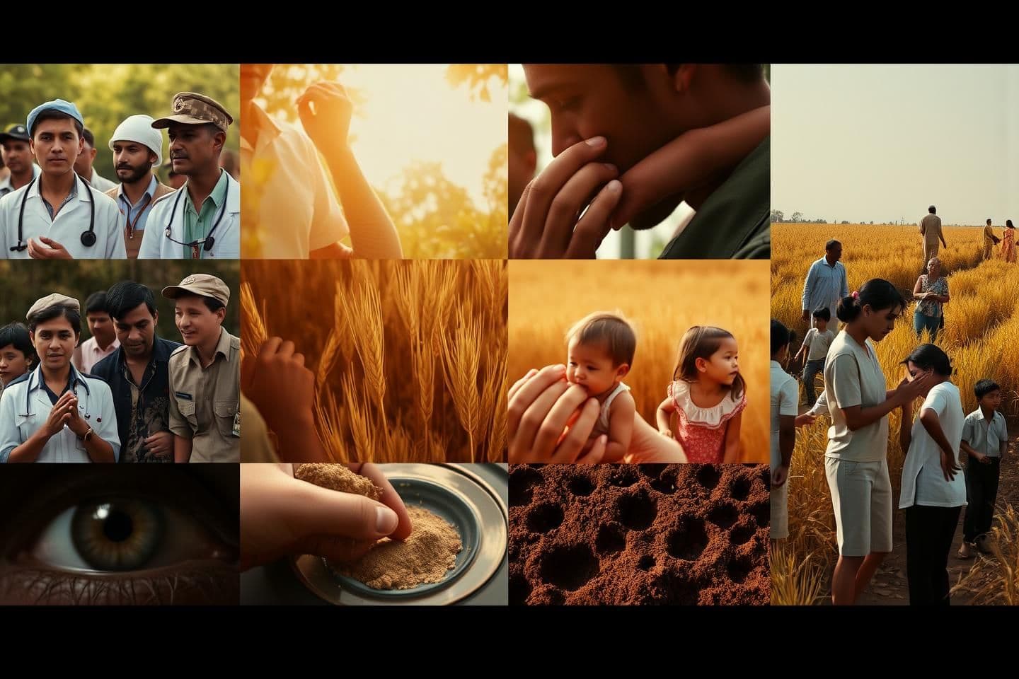 AI generated: Scene 1 — Shared Humanity
(Based on stanza 1 themes)
Visuals:
Diverse people in different uniforms (doctors, farmers, soldiers, workers).
Close-up: people breathing, hands touch