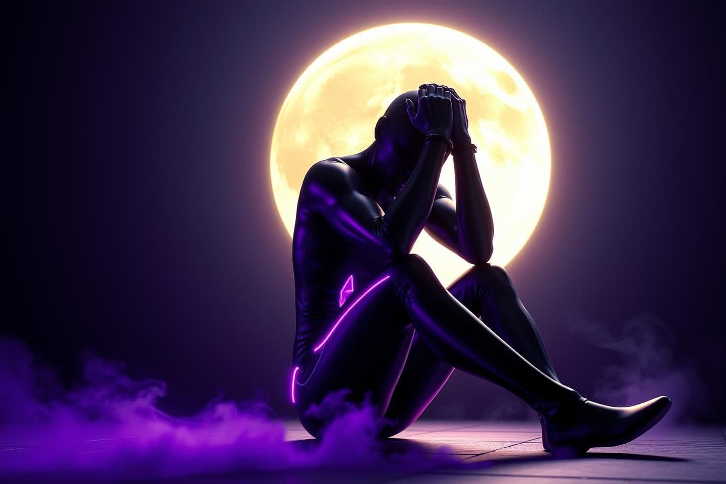 AI generated: “Create a hyper-stylized faceless vigilante sitting in a psychological-struggle pose, hands grabbing the head as if battling inner demons. The character has a muscular athletic bui