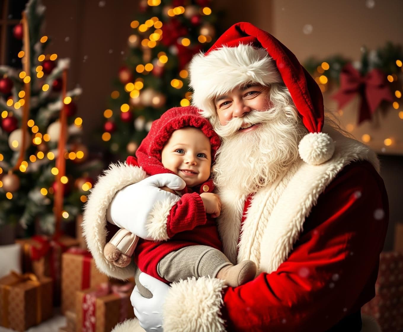 AI generated: A heartwarming Christmas scene featuring Santa Claus in a traditional red suit with a fluffy white beard, gently holding a young child in his arms. Santa is smiling warmly while th