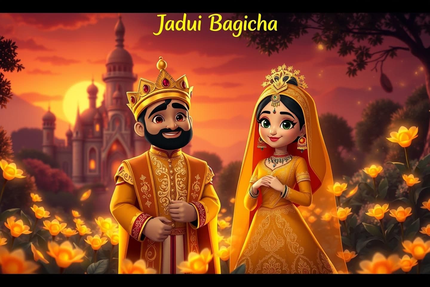 AI generated: “16:9 ultra-detailed vibrant cartoon thumbnail, a royal king and queen in traditional golden royal outfits, standing in a glowing magical garden (Jadui Bagicha), flowers emitting s