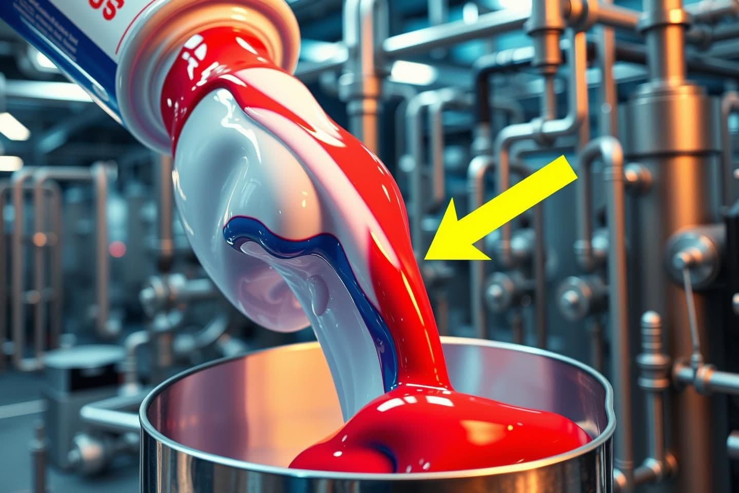 AI generated: Ultra-realistic 16:9 YouTube thumbnail showing a giant industrial machine pouring thick red, blue and white toothpaste into a steel container.
Make the toothpaste glossy, vibrant
