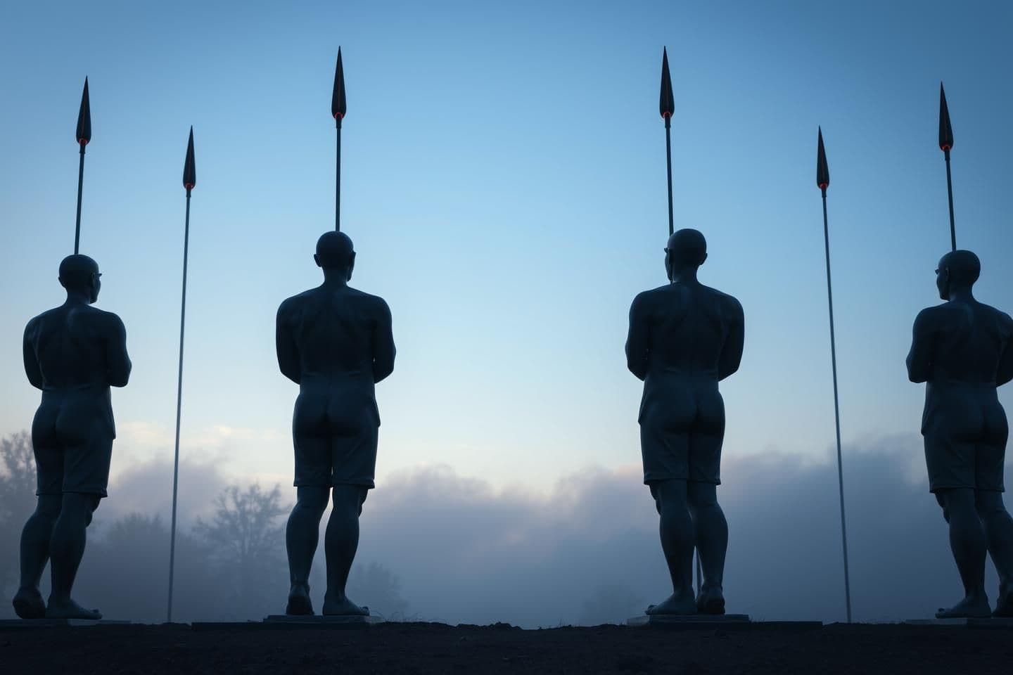 AI generated: Hyper-realistic view of a historical statue in daylight at dusk. Several life-size statues stand upright, their hands clasped behind their backs with spears slightly above the gro