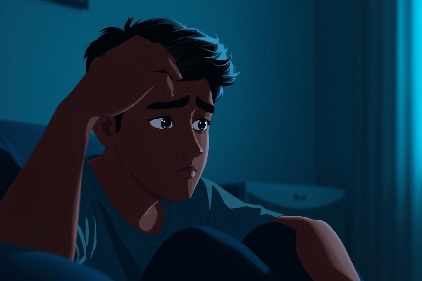 AI generated: create whitboard animation style A young Indian person sitting alone in a dimly lit room, looking mentally tired and overwhelmed, hand on forehead, soft emotional expression. Soft