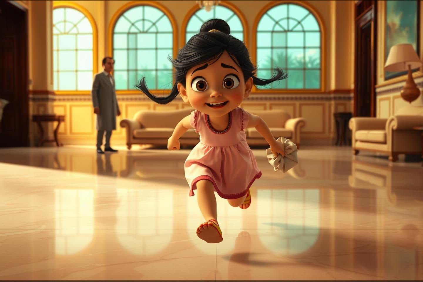 AI generated: cinematic, 4k, 4K ultra-detailed Disney Pixar movie style interior tracking shot of Hiya running toward Noren Kaka inside the grand drawing room of Mitra Mansion.
Camera moves back