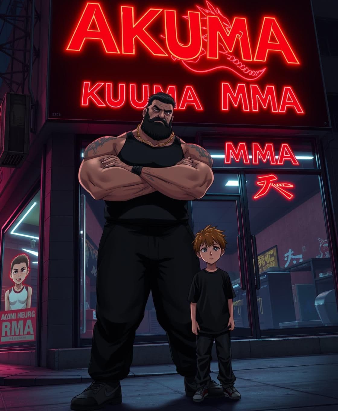 AI generated: Anime style, dark gritty atmosphere, night time, neon-lit street, exterior of "AKUMA MMA" gym with large red glowing sign and a fierce oni/demon dragon logo, dramatic rim lighting,