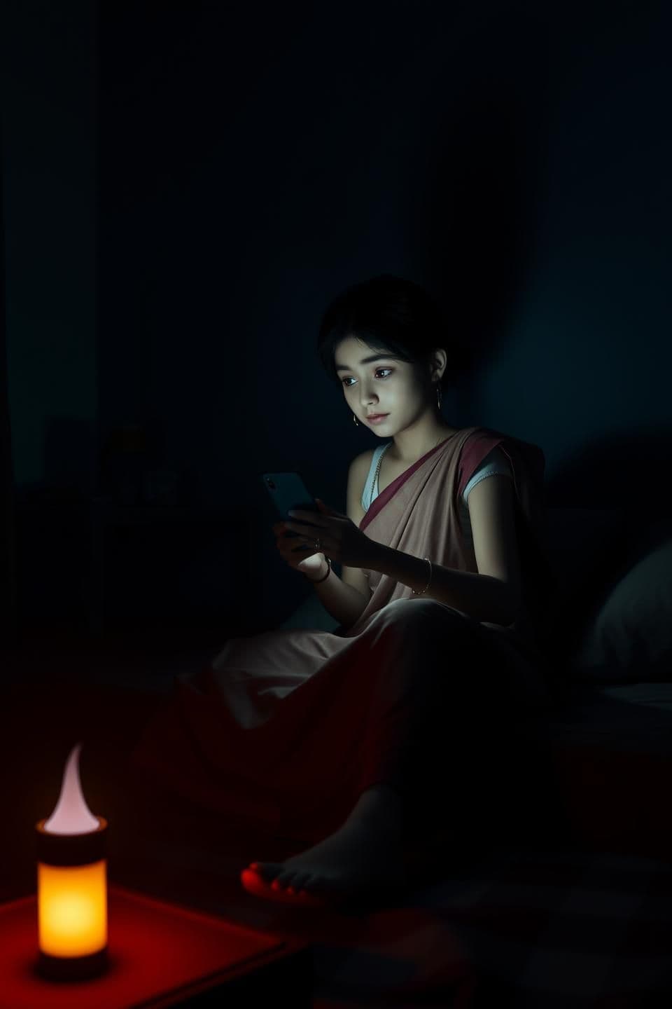 AI generated: A dark bedroom lit only by a phone screen, a young Indian girl sitting on bed scrolling her phone at midnight, sudden power cut makes everything dark, only a small torch light glow