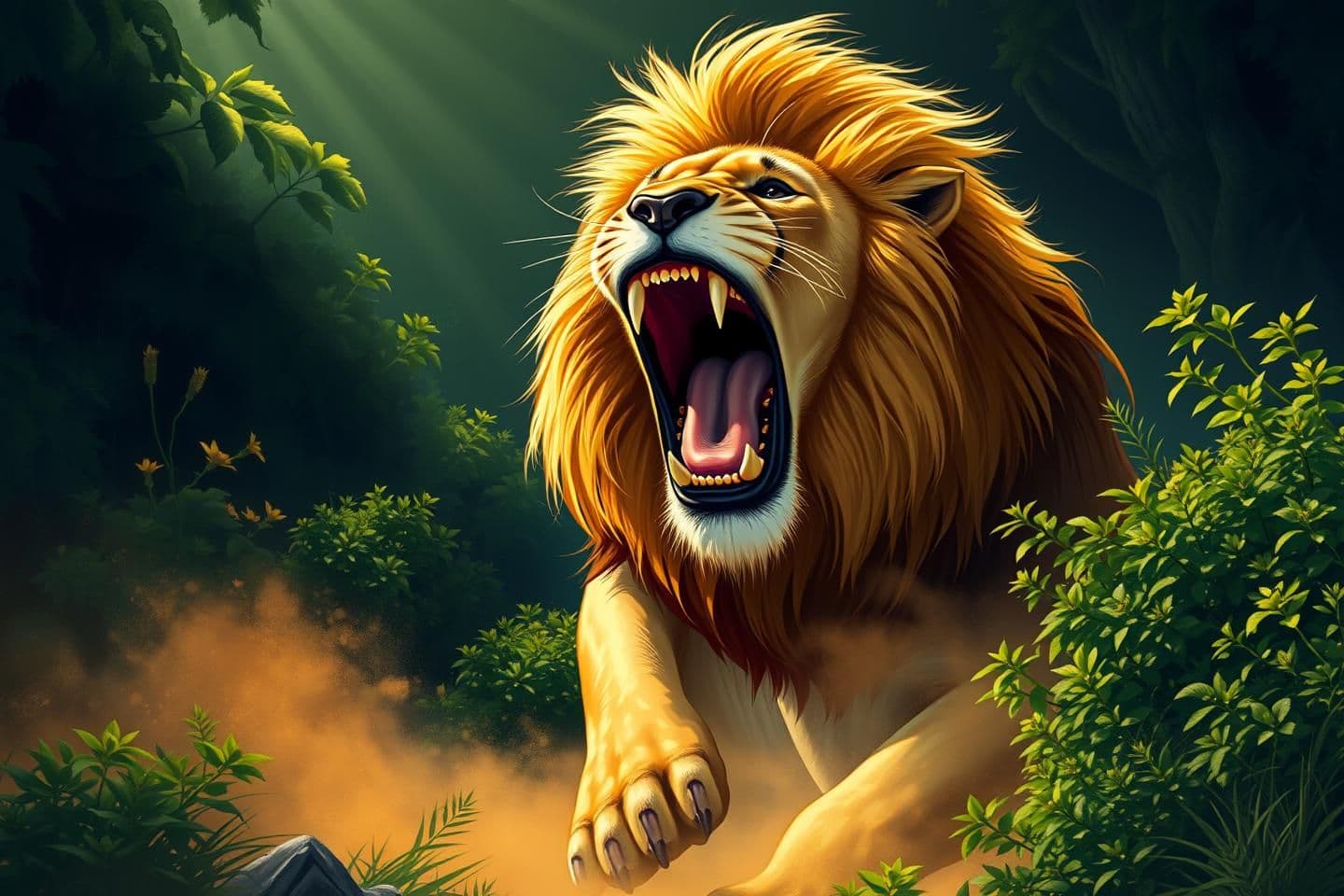 AI generated: “A dramatic HD illustration of a wild Lion emerging from the deep jungle, golden mane glowing in sunlight, mouth open in a loud roar, dust rising from the ground, green bushes arou