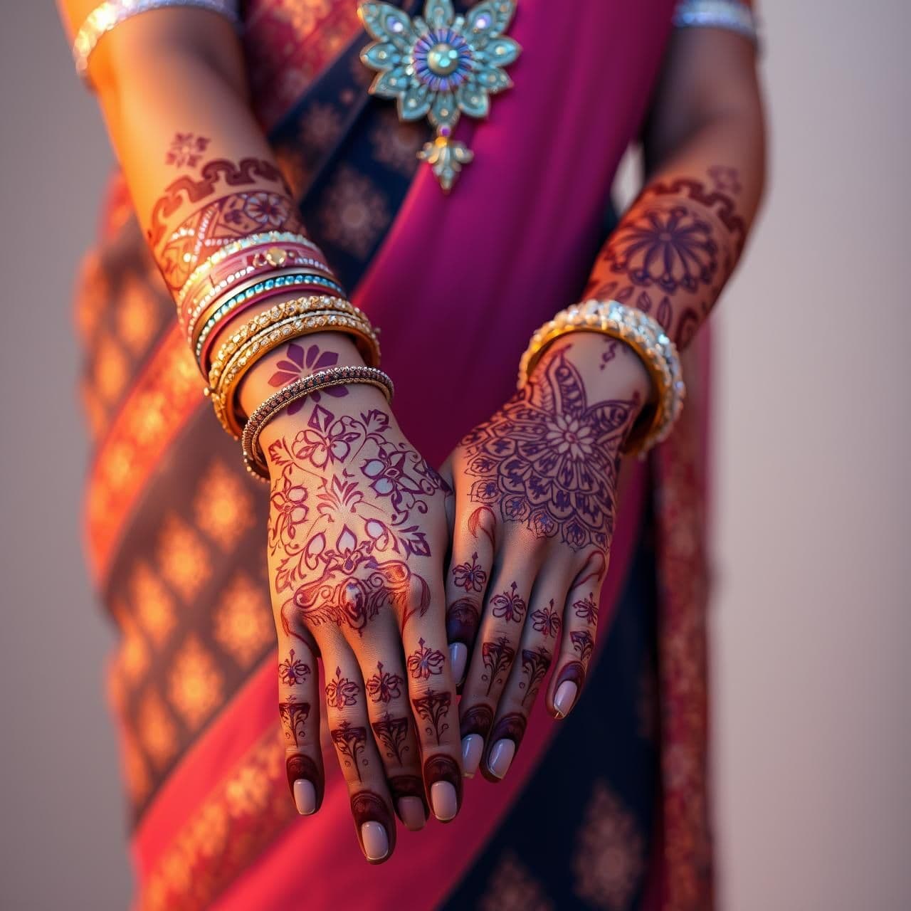 AI generated: "Generate an artistic AI-style image of the bridal arm of an Indian bride named Heena, shown from fingers to elbow. The arm features unique, modern-meets-traditional mehndi (henna)