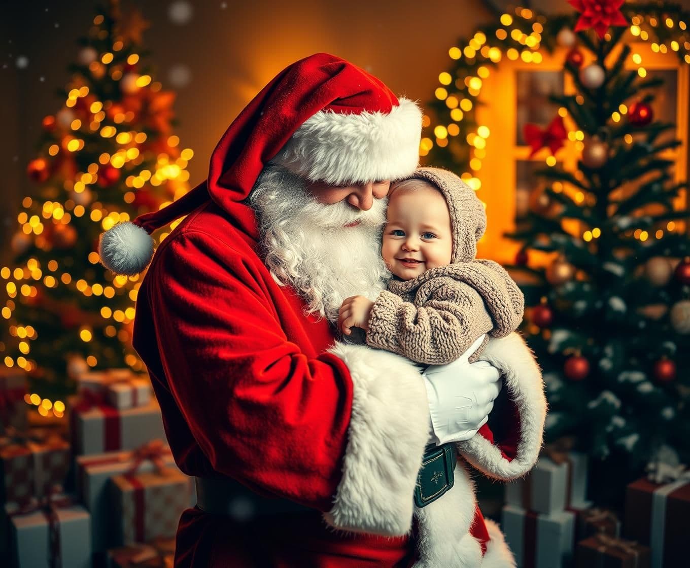 AI generated: A heartwarming Christmas scene featuring Santa Claus in a traditional red suit with a fluffy white beard, gently holding a young child in his arms. Santa is smiling warmly while th