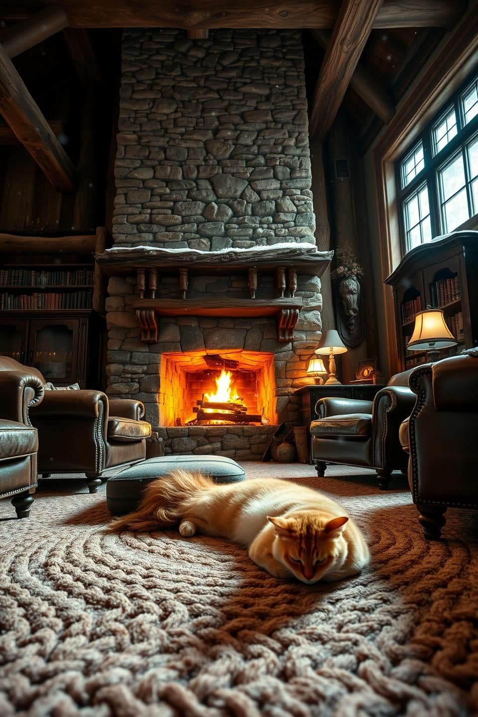 AI generated: Old Classy Living Room, Interior (Cat Detail): A spacious, rustic great room interior with exposed, rough-hewn wooden beams and a towering stone fireplace. The focus is on the floo