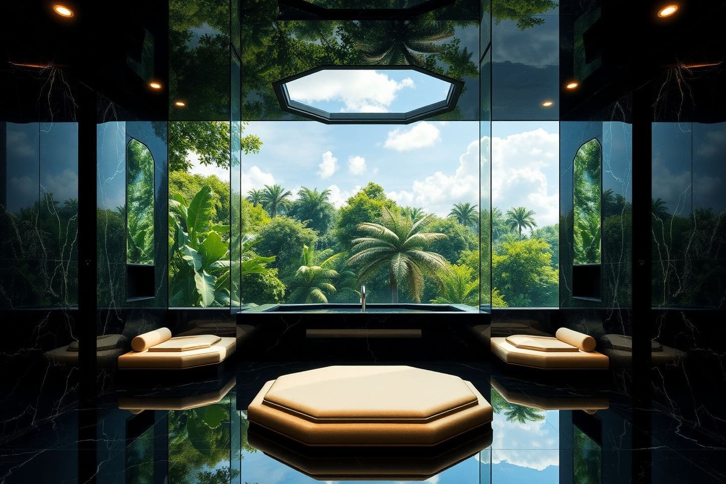 AI generated: Make an image is filled in the full A3 landscape photopaper where This image depicts an opulent indoor space, likely designed to emulate a serene and luxurious environment reminis