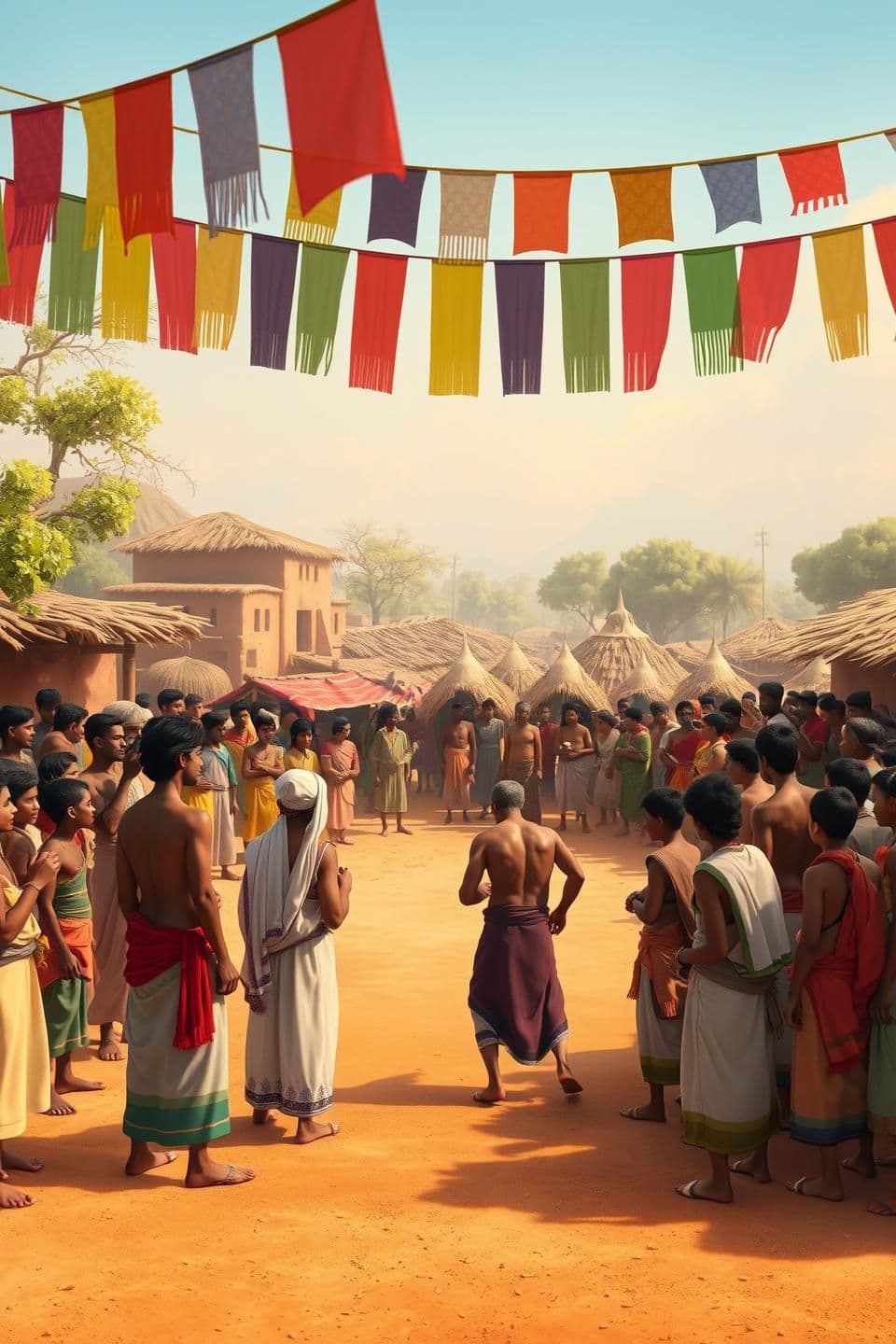 AI generated: A small village scene with a traditional akhada (wrestling arena). Many villagers standing around in excitement, wearing simple rural clothes. Dusty ground, soft evening light, col