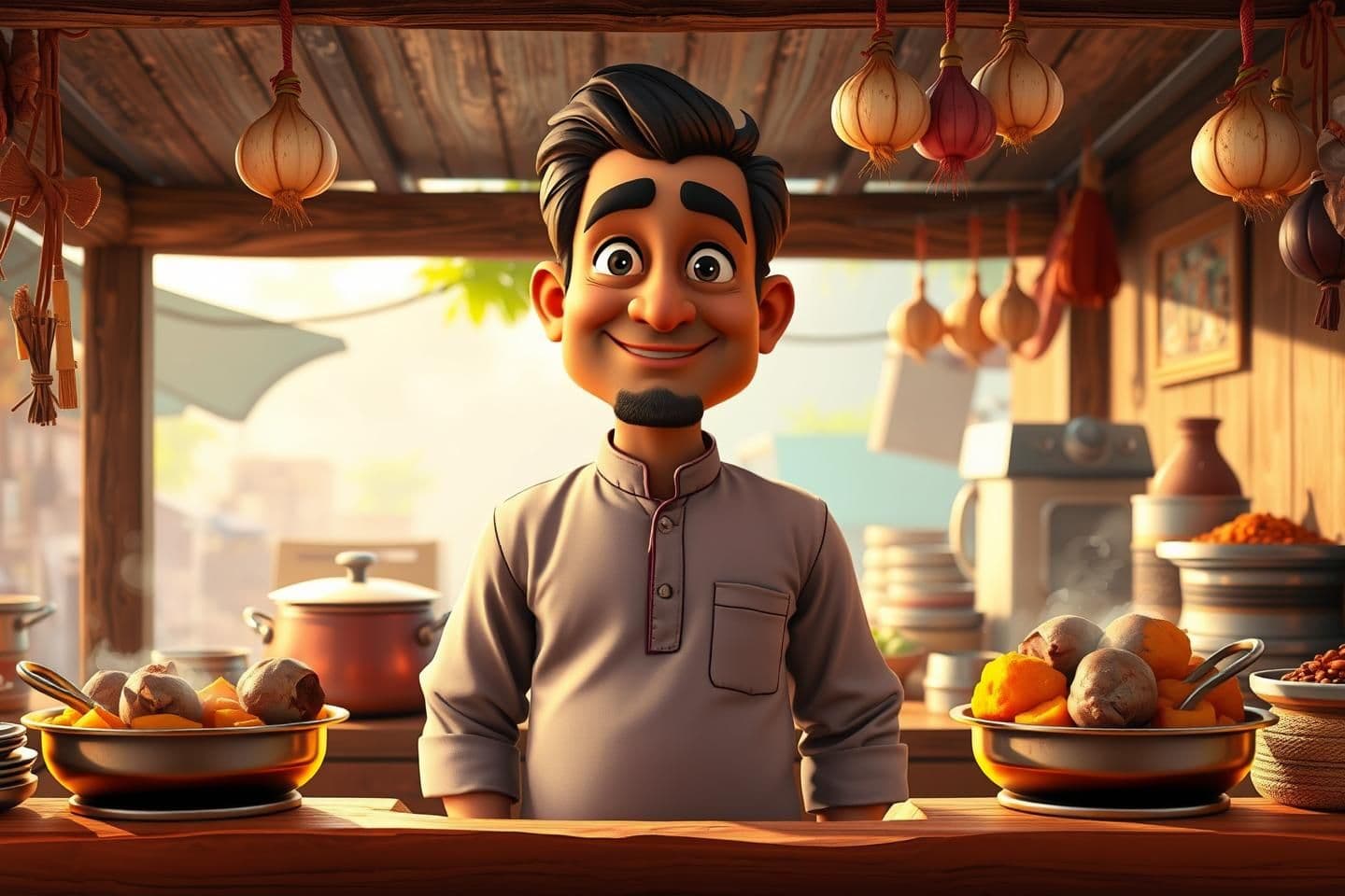 AI generated: 3D cartoon style, vibrant village meat shop scene, middle-aged man “Sohan” wearing a half-sleeve kurta, rugged look but kind face, standing behind a wooden counter with steaming ho