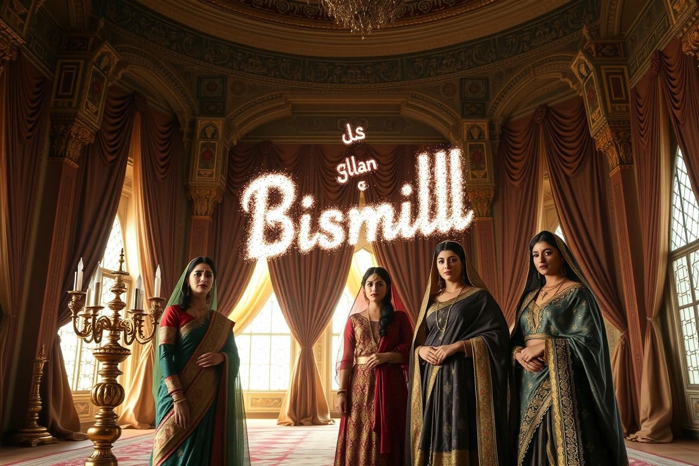 AI generated: A stunning Mughal palace interior, golden candelabras, silk curtains, Gulbadan Begum, Rukhaya Begum, Nur Jahan, Jahanara, Zebunnisa standing together, serene faces, a sparkling "Bi