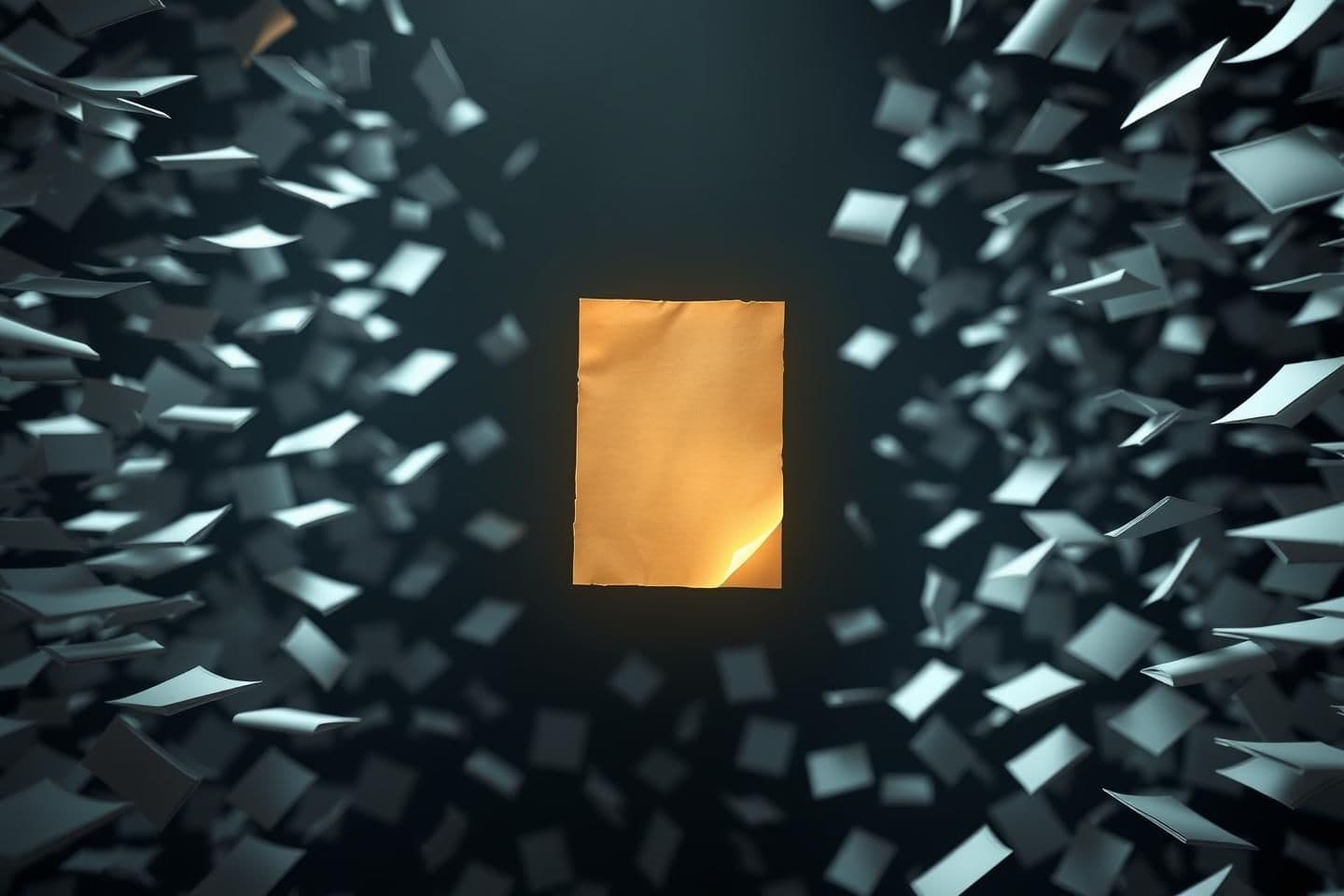 AI generated: A highly stylized 3D render showing a single glowing paper document floating mid-air in darkness while thousands of faint, ghost-like pages drift away into the void, lit with soft