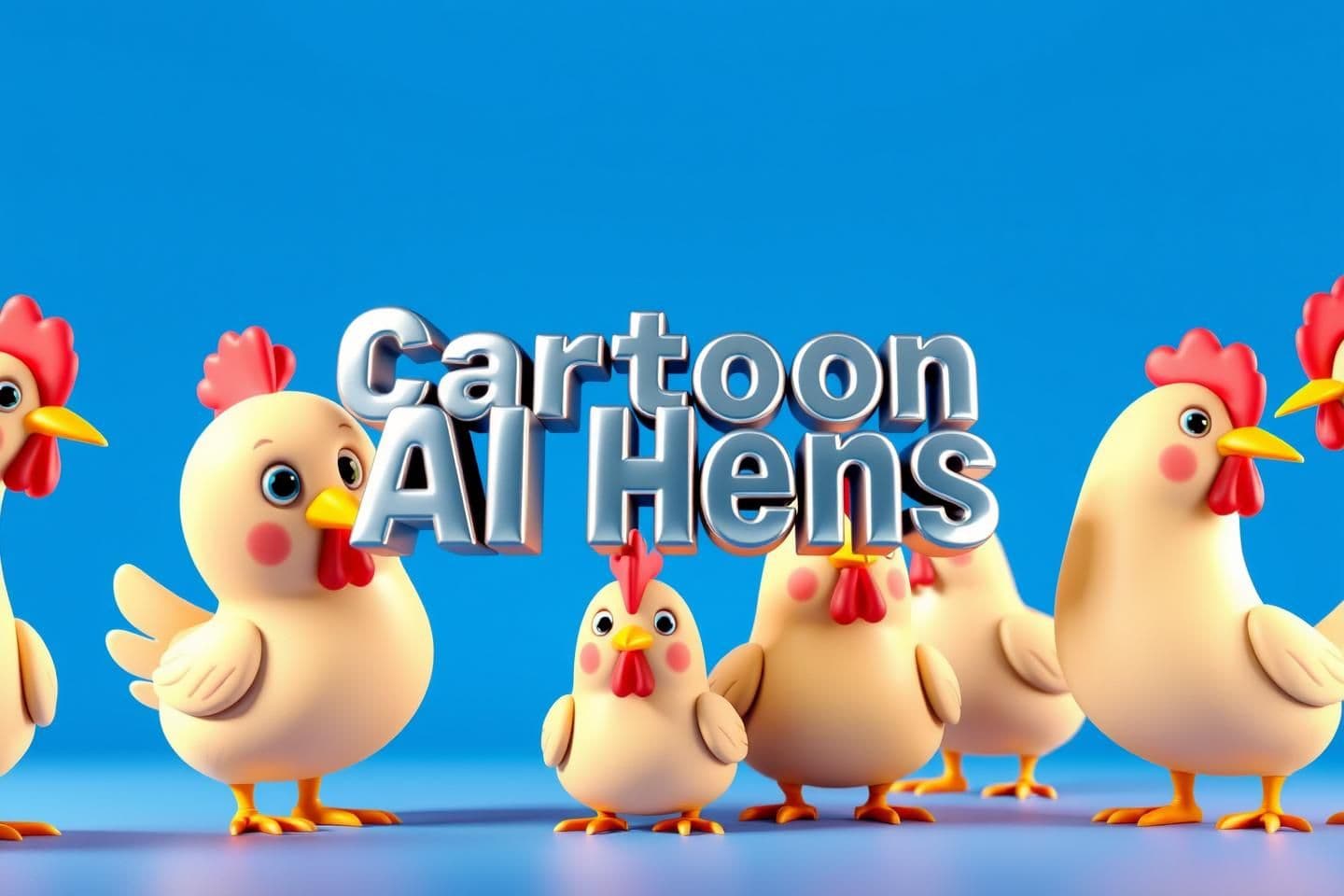 AI generated: Create a 1280×720 YouTube thumbnail in 3D cartoon style. Bright blue background, vibrant lighting. Show cute 3D cartoon hens with slight futuristic AI details (glowing lines, soft