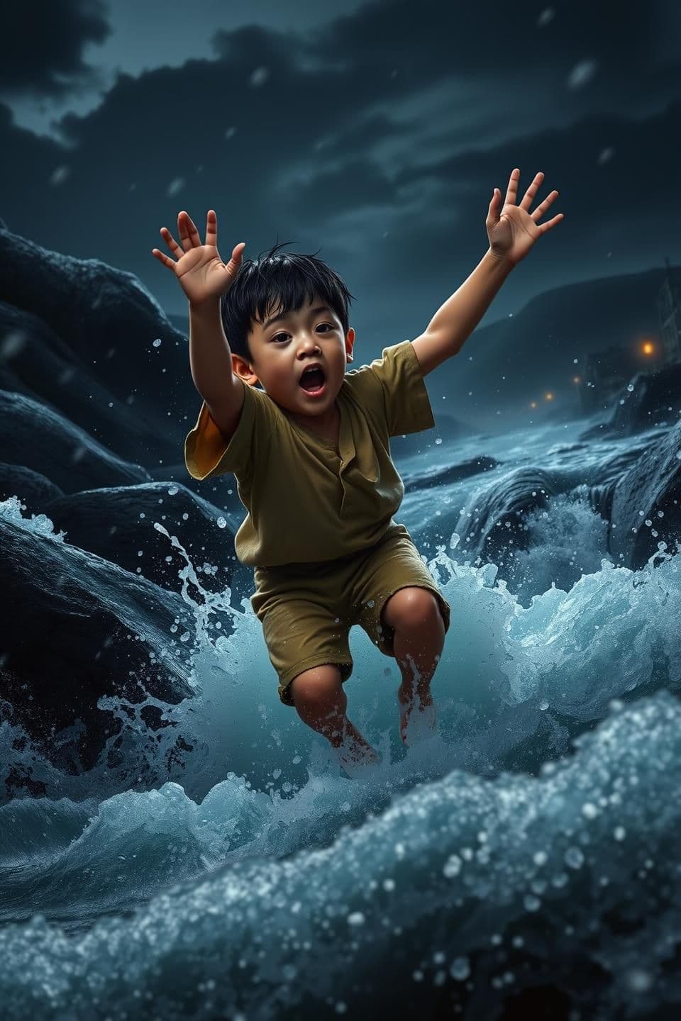 AI generated: A small 6–8-year-old village boy with wet black hair, simple beige shirt and half pants, slips on a wet rock and falls into the fast-flowing dark river. His arms flail in panic as