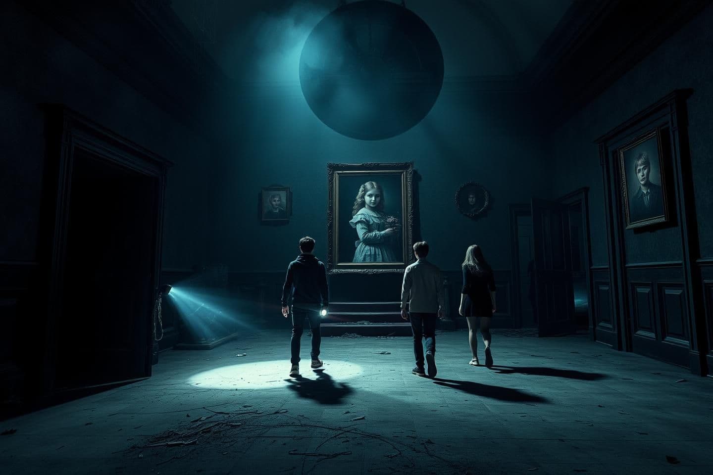 AI generated: Night scene inside an abandoned haunted mansion located in the mountains of a small mysterious town. Time is around 12 AM, the atmosphere is foggy and cold. Four young friends (two