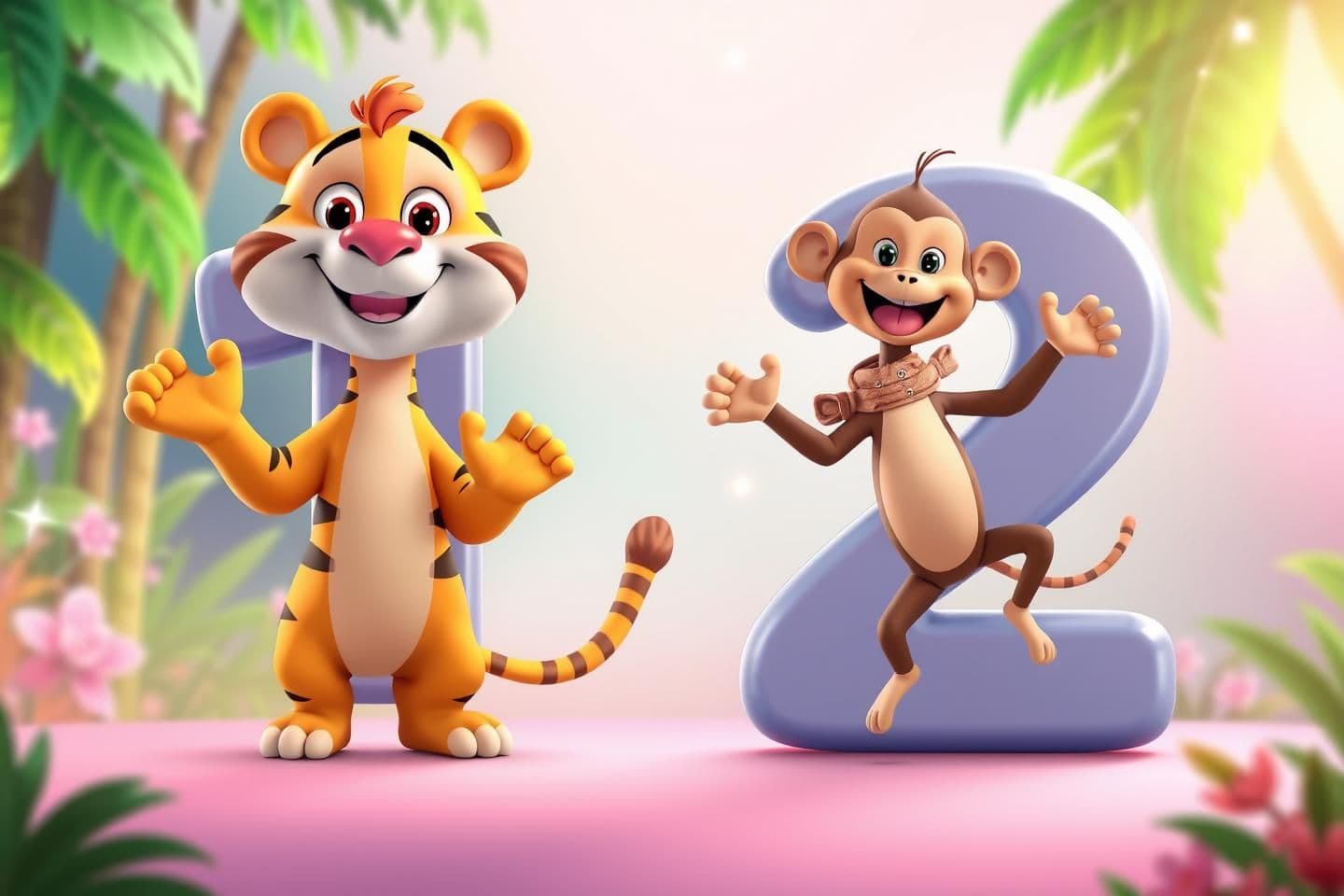 AI generated: "Ultra-cute kids thumbnail showing big bold letters ‘1’ and ‘2’.
Letter ‘1’ (One Tiger) on the left — a friendly smiling cartoon tiger standing upright, waving, bright orange, big
