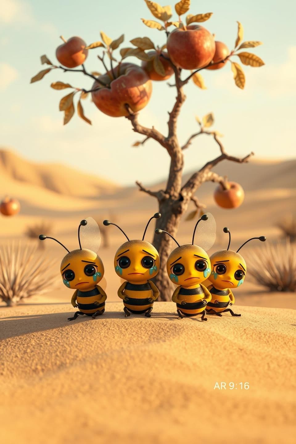 AI generated: Four cute anthropomorphic bees with big sad teary eyes crying while sitting on desert sand in front of a half-dead apple tree with very few apples, emotional, Pixar-style, dramatic
