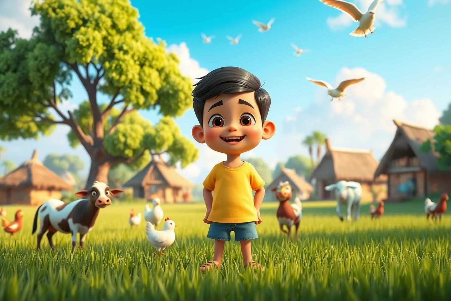 AI generated: A bright and colorful 3D cartoon village scene. A cute 7-year-old boy named Rohan standing happily in the middle of the field. He is playful, kind, and looks a little mischievous.