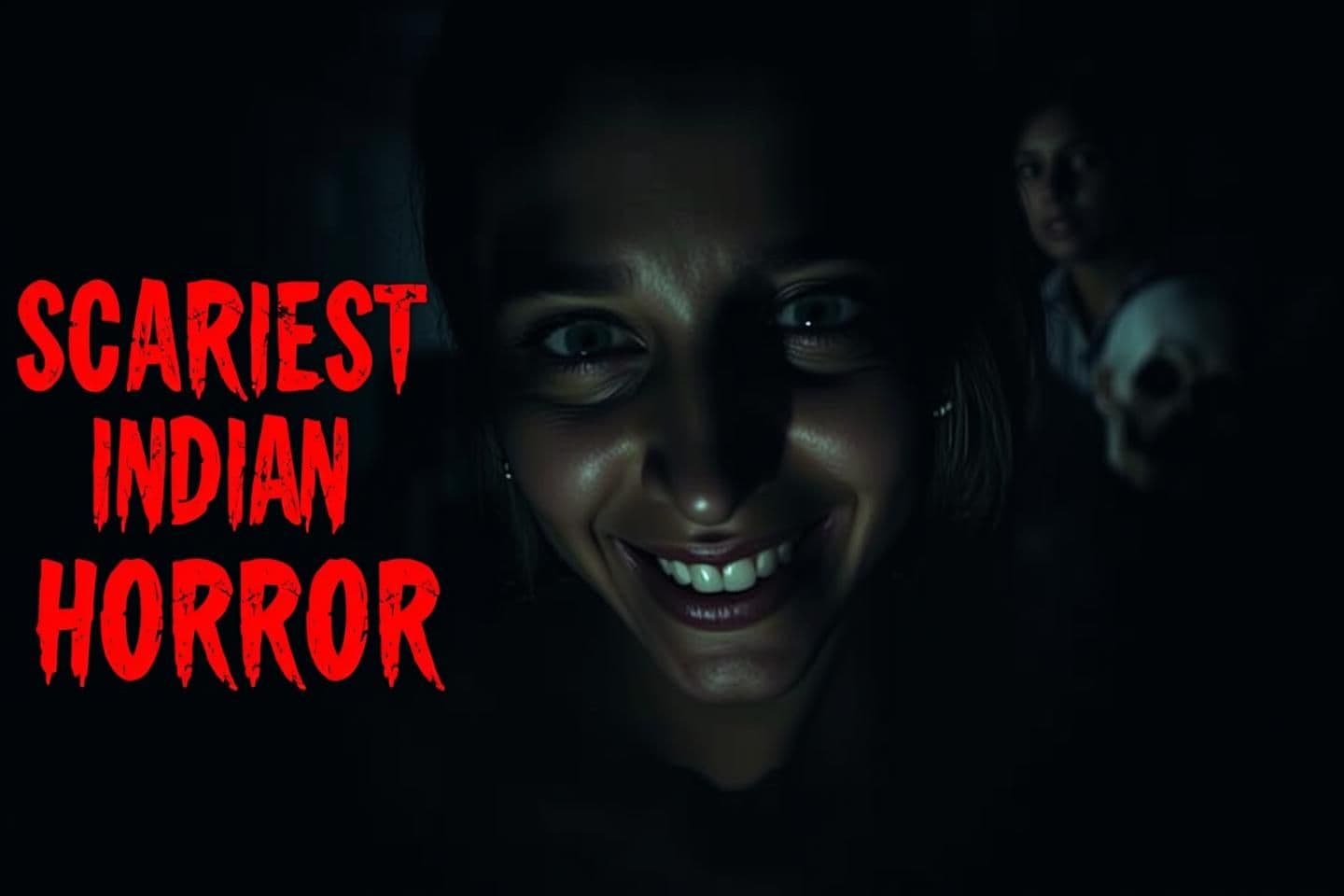 AI generated: A terrifying, high-contrast horror scene. In the foreground, a young woman stands close to the camera, illuminated by a harsh, cold light from below that distorts her facial featur