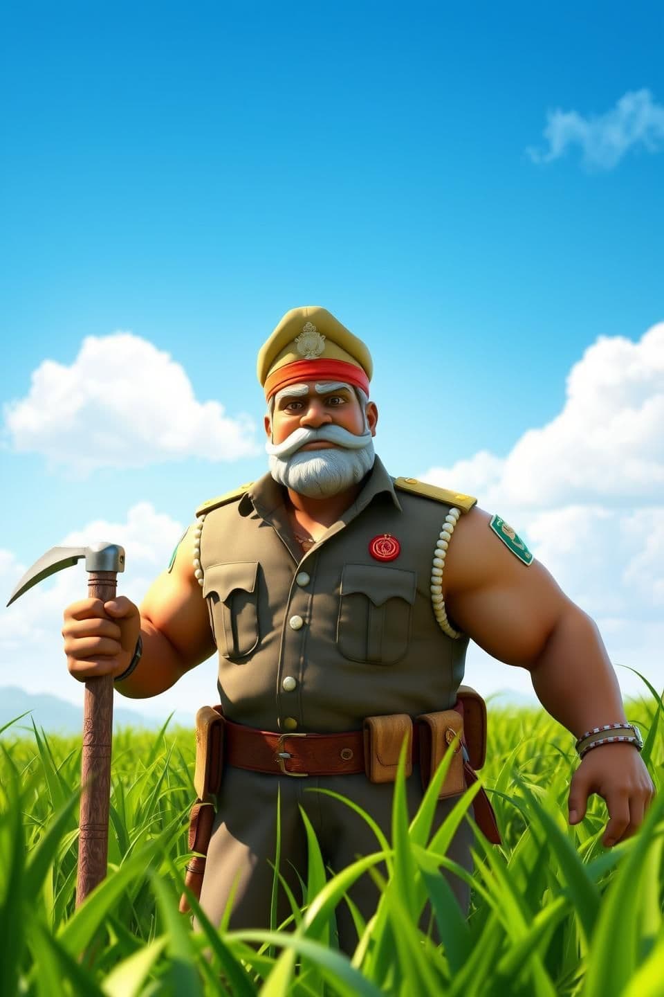AI generated: Prompt:
A strong, muscular Indian farmer named Kisan Singham working in a lush green field under a clear blue sky with few clouds. He wears a traditional “Singham-style” police-in