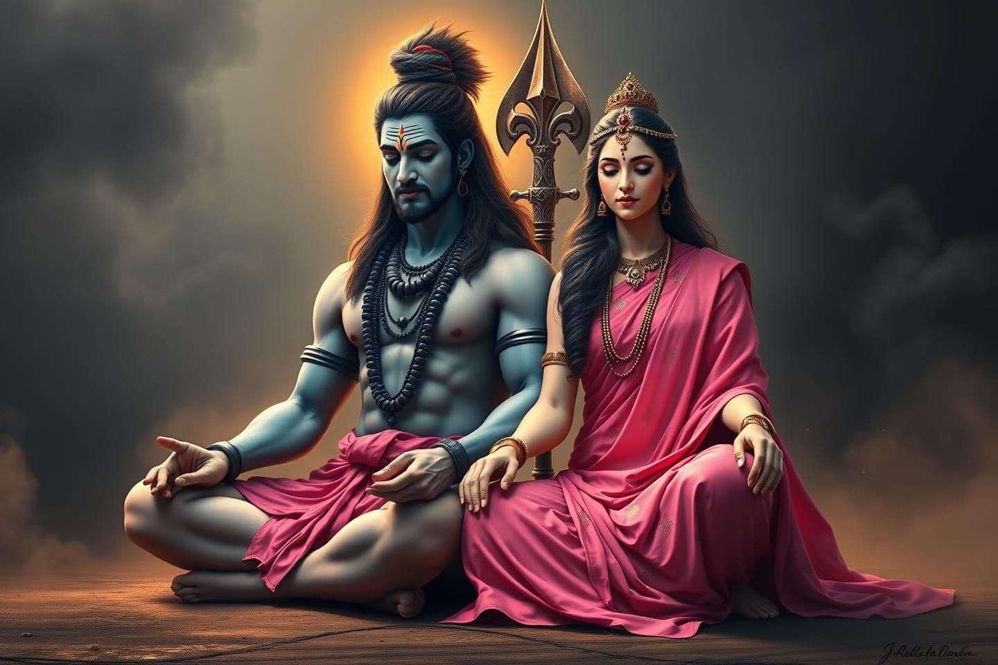 AI generated: Create a highly detailed, ultra-realistic digital painting of Lord Shiva and Goddess Parvati sitting together in a meditative pose. Shiva should have long matted hair tied in a bun