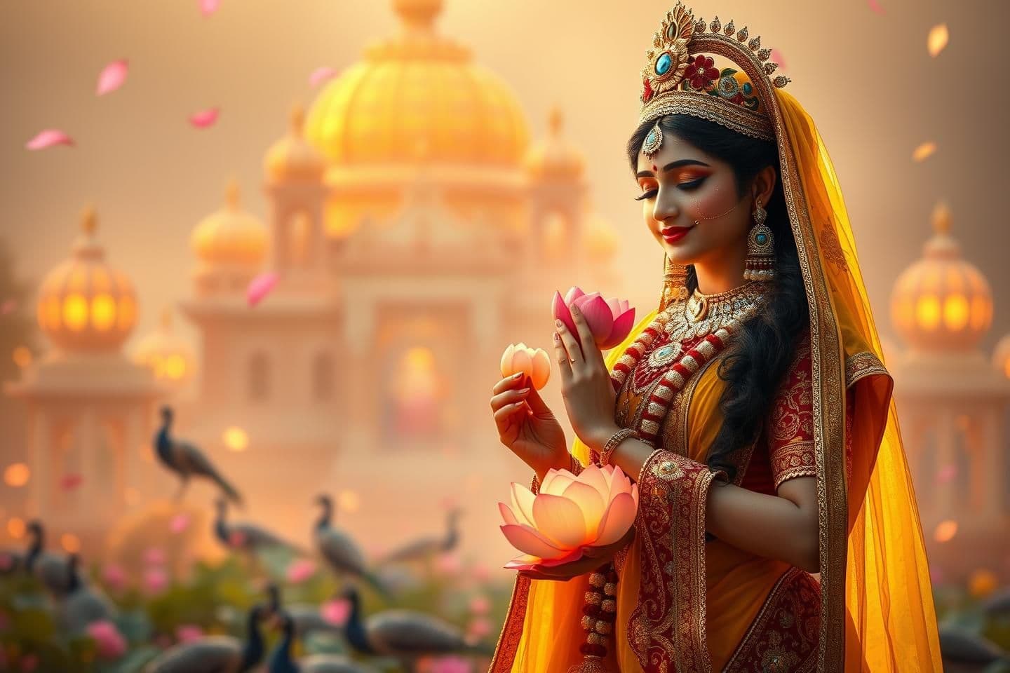 AI generated: A serene devotional cinematic background for 16:9 video editing, Radha Rani standing gracefully, divine glowing aura, soft golden sunrise light, Vrindavan temple background, peacoc