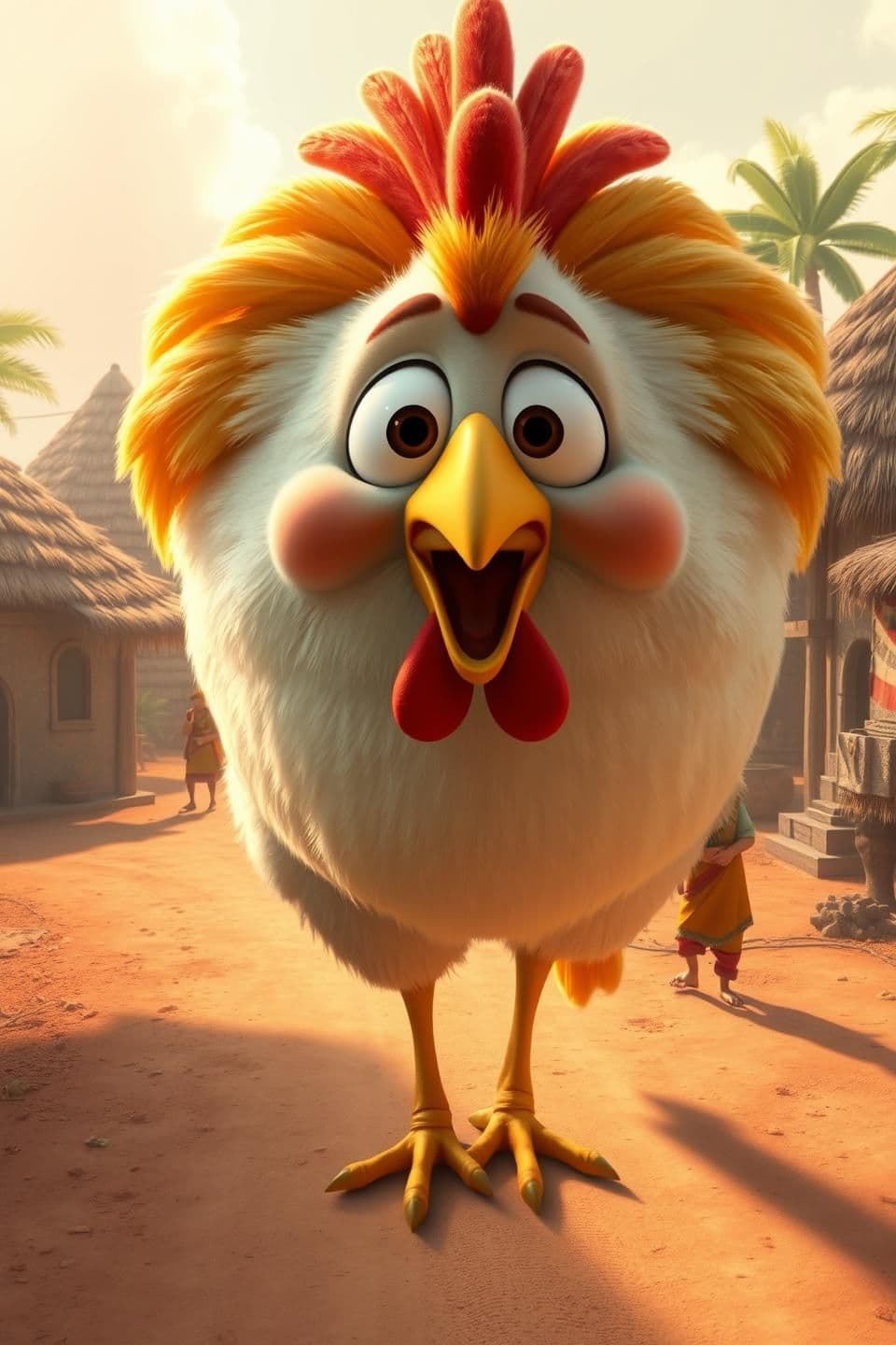AI generated: Create a 3D animated scene of a huge giant chicken entering an Indian village. The chicken is extremely large, with fluffy golden-white feathers, big cartoon eyes, and a friendly e
