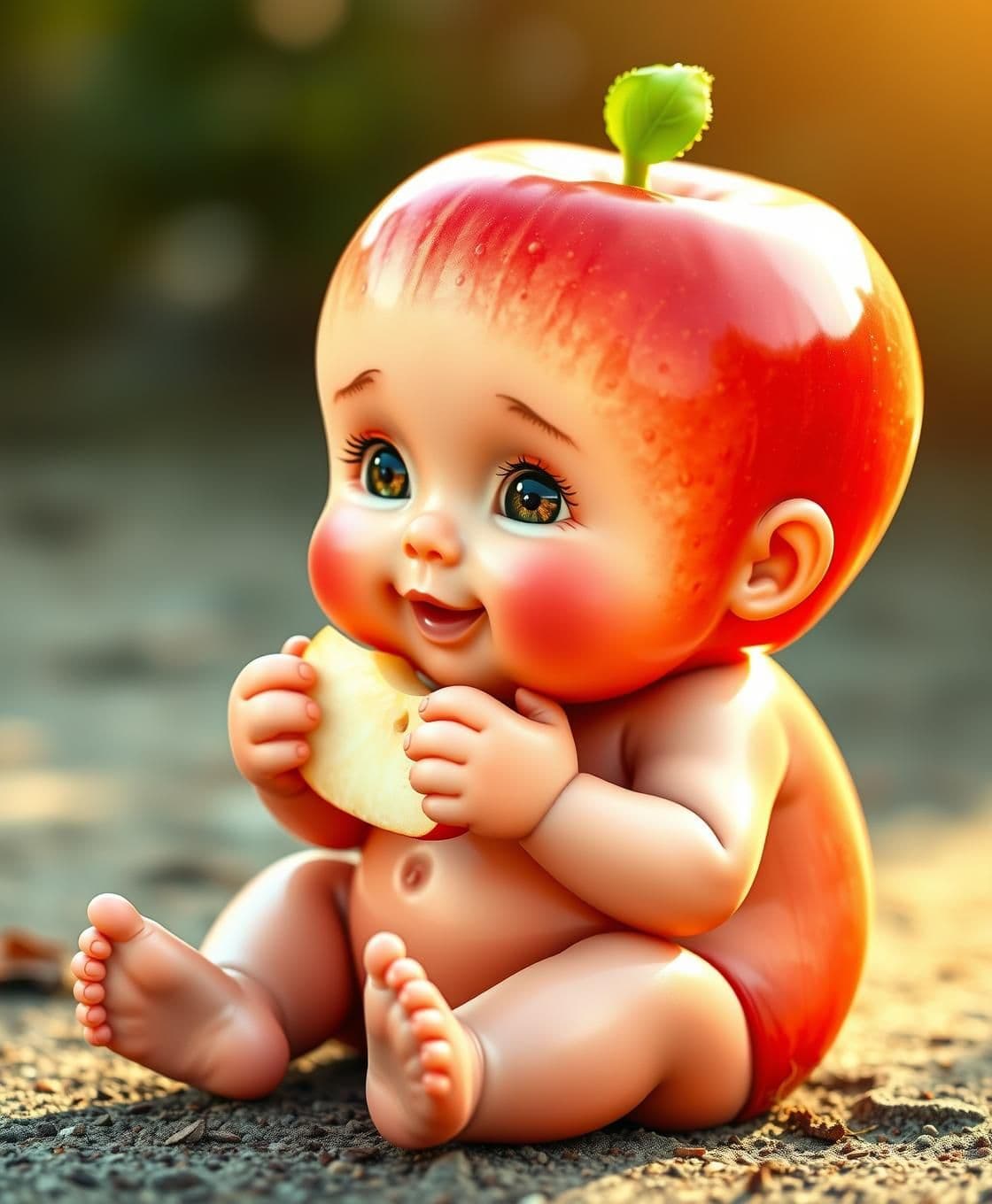 AI generated: A cute baby boy sitting like a human, but his body is shaped like a shiny red apple. The apple has a smooth surface with a small green leaf on top like hair. The apple baby boy is