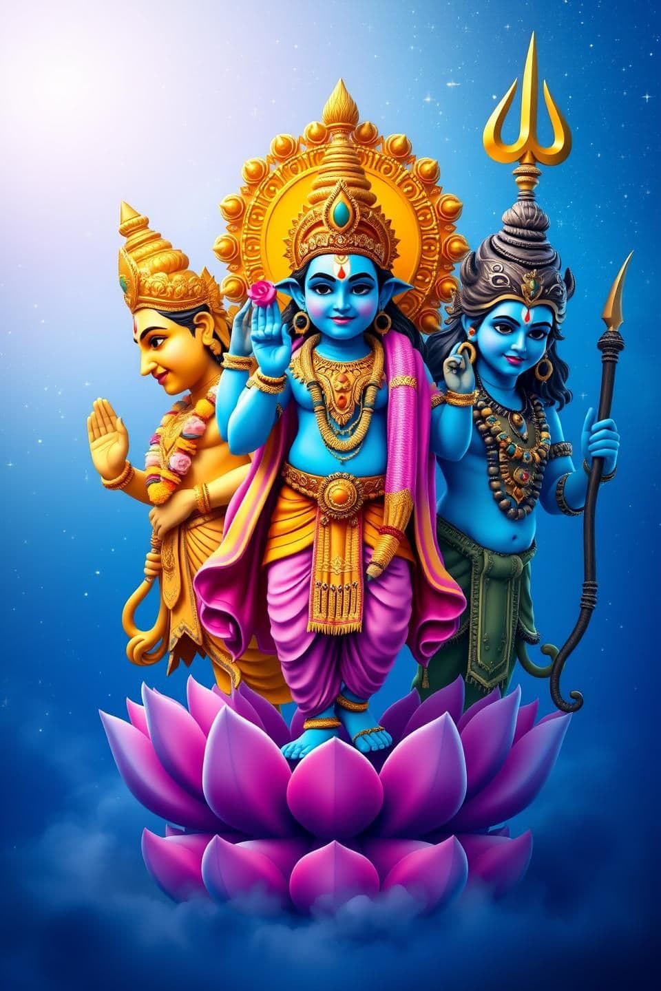 AI generated: Hindu deities Brahma, Vishnu, and Shiva, depicted together against a celestial blue background with stars. Brahma, on the left, has two heads and is adorned with golden attire and