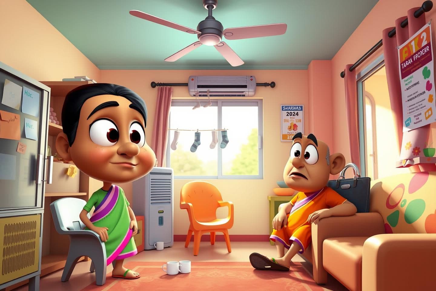 AI generated: A vibrant, exaggerated 3D digital cartoon scene in HardToonz × Taarak Mehta humor style — showcasing a warm, oversaturated desi color palette (pinks, sky blues, mint greens, yellow