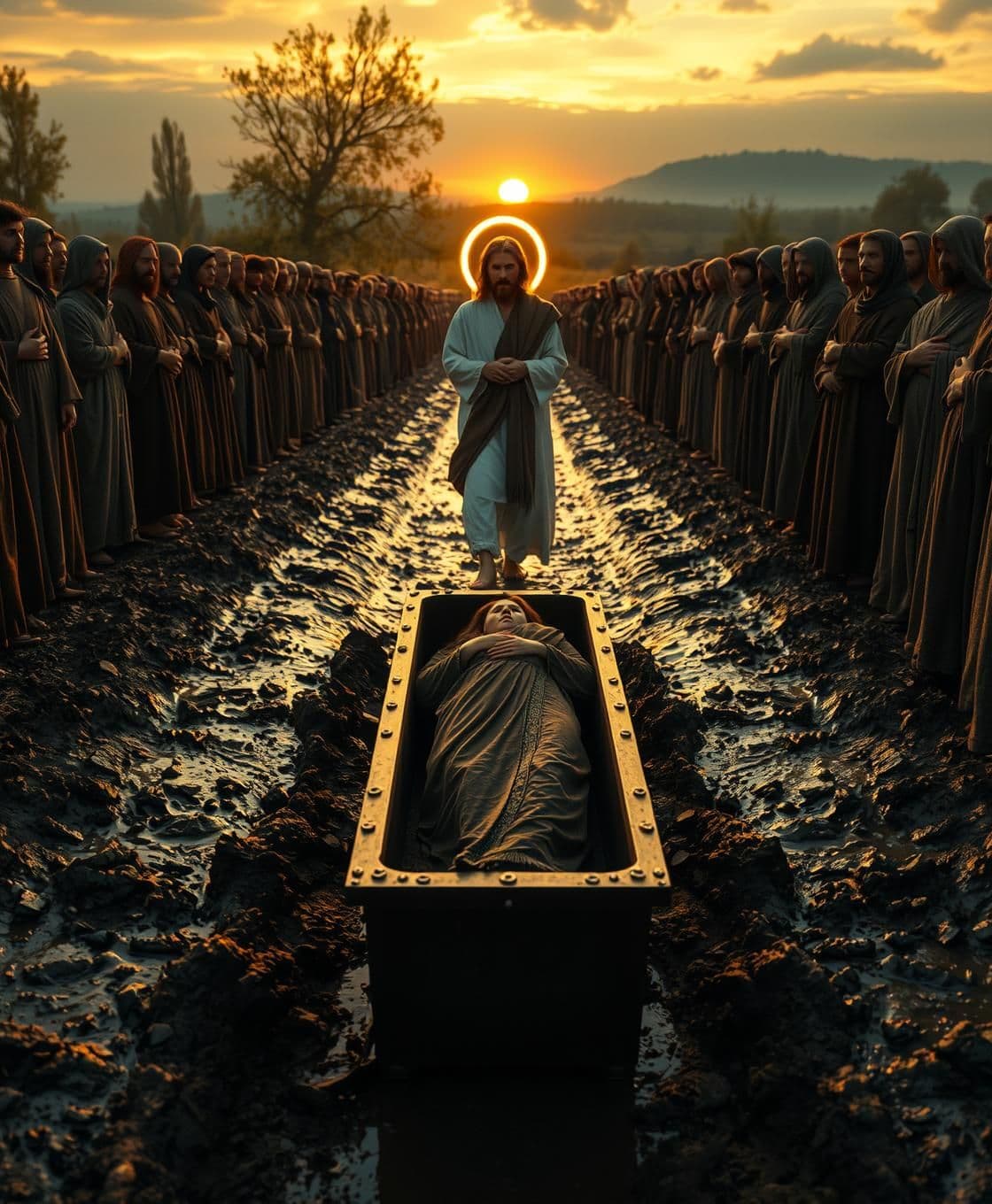 AI generated: “A dramatic cinematic scene in a muddy graveyard at sunset. A woman lies peacefully inside an open coffin placed in a muddy trench, hands folded on her chest. The ground is wet wit