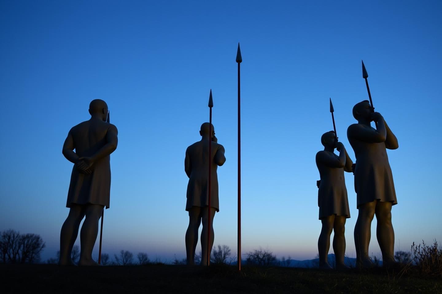 AI generated: Hyper-realistic view of a historical statue in daylight at dusk. Several life-size statues stand upright, their hands clasped behind their backs with spears slightly above the gro