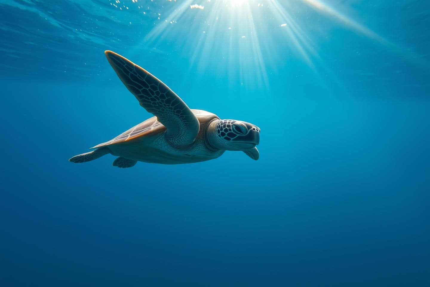 AI generated: A hyper-realistic underwater wildlife photograph featuring a single sea turtle swimming gracefully in the clear deep blue ocean. Capture the scene from a slightly low-angle, wide-a