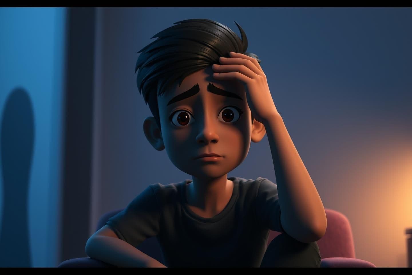 AI generated: create 3D cartoon whitboard animation style A young Indian person sitting alone in a dimly lit room, looking mentally tired and overwhelmed, hand on forehead, soft emotional expre