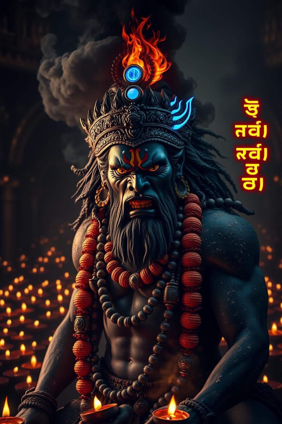 AI generated: Ultra-realistic angry Rudra Hanuman in Mahakal form.
Black smoke behind him, trinetra (third eye) opening with fiery blue flame.
Body covered with sacred ash, Vibhuti, and glowin