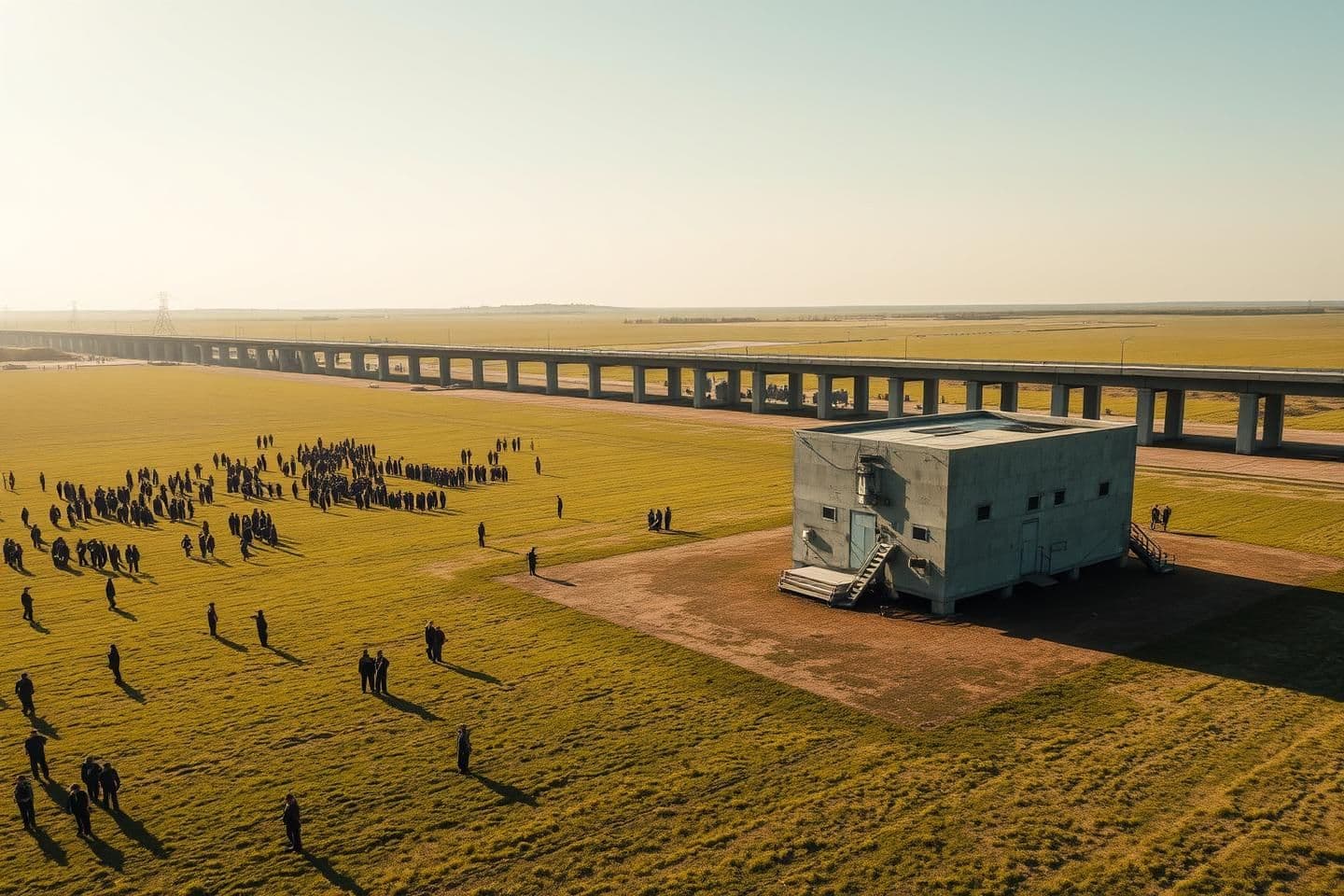 AI generated: A wide aerial view of an open green field under a bright clear sky. Groups of angry people are standing in scattered clusters across the field, people are too many, exactly in the