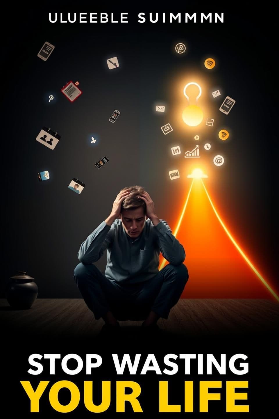 AI generated: “Ultra-realistic YouTube thumbnail for a motivational book summary video titled ‘Stop Wasting Your Life’.
Show a frustrated young man sitting in a dark room, surrounded by distract