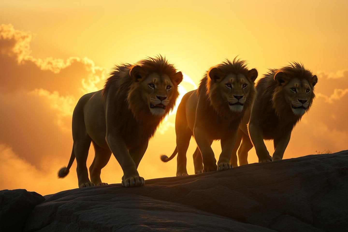 AI generated: Photorealistic cinematic scene in Mufasa: The Lion King (2024) style. Four lion brothers—Scarface (distinct scar on right eye), Hunter, Morani, and Sikio—walk in slow motion up a r