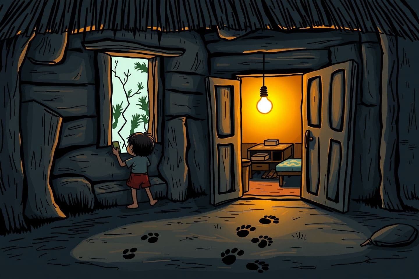 AI generated: Turn this cartoon drawing to cinematic horror vibe picture, focus on each and every detail. It's a image of rular village hut of India with a scary environment and a kid watching m