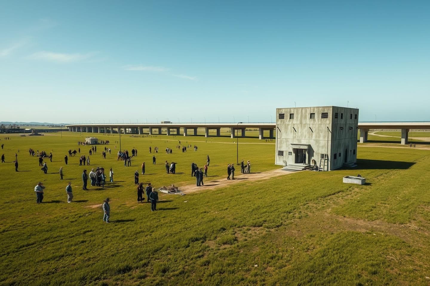 AI generated: A wide aerial view of an open green field under a bright clear sky. Groups of angry people are standing in scattered clusters across the field, exactly in the same positions as in