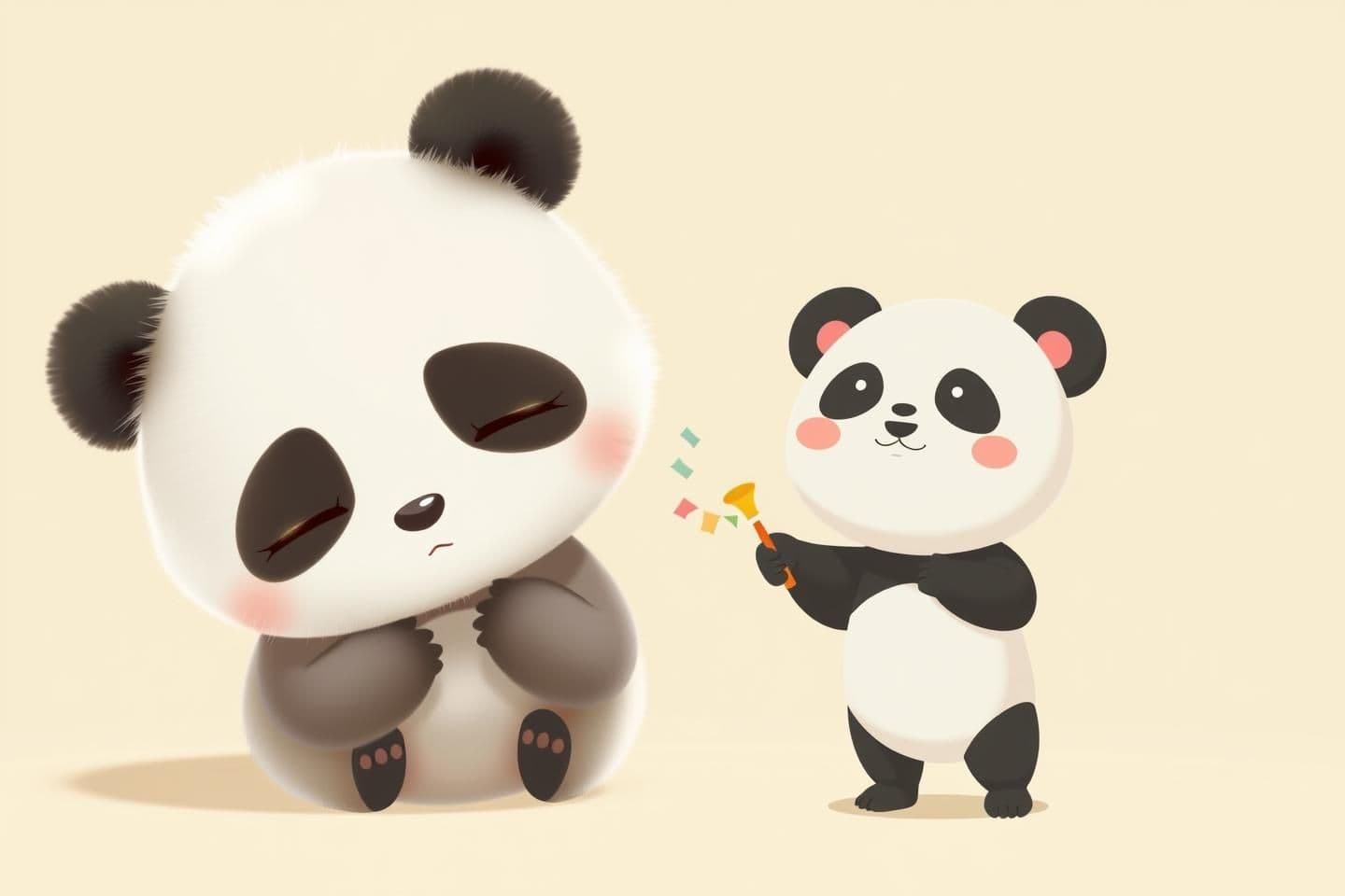 AI generated: Two pandas on screen.
Same baby panda Tofu: fluffy white fur, round black eye patches, tiny ears, very sleepy expression with half-closed eyes.
Mini panda character: very small, en