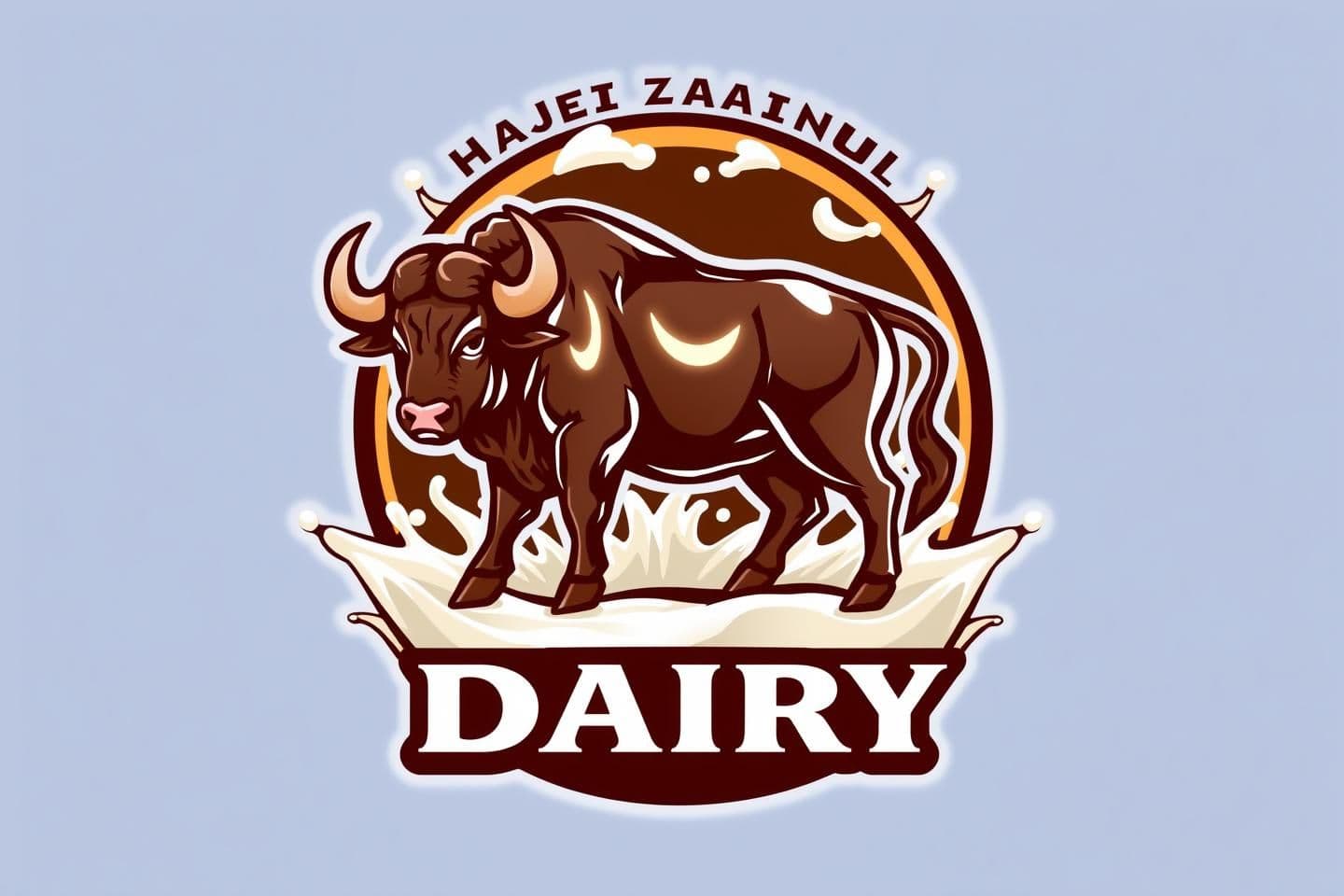 AI generated: Create an attractive, high-impact logo for Haji Zainul Dairy.
Use a strong, detailed buffalo illustration, looking healthy and premium — bold lines, glossy highlights, and a powerf