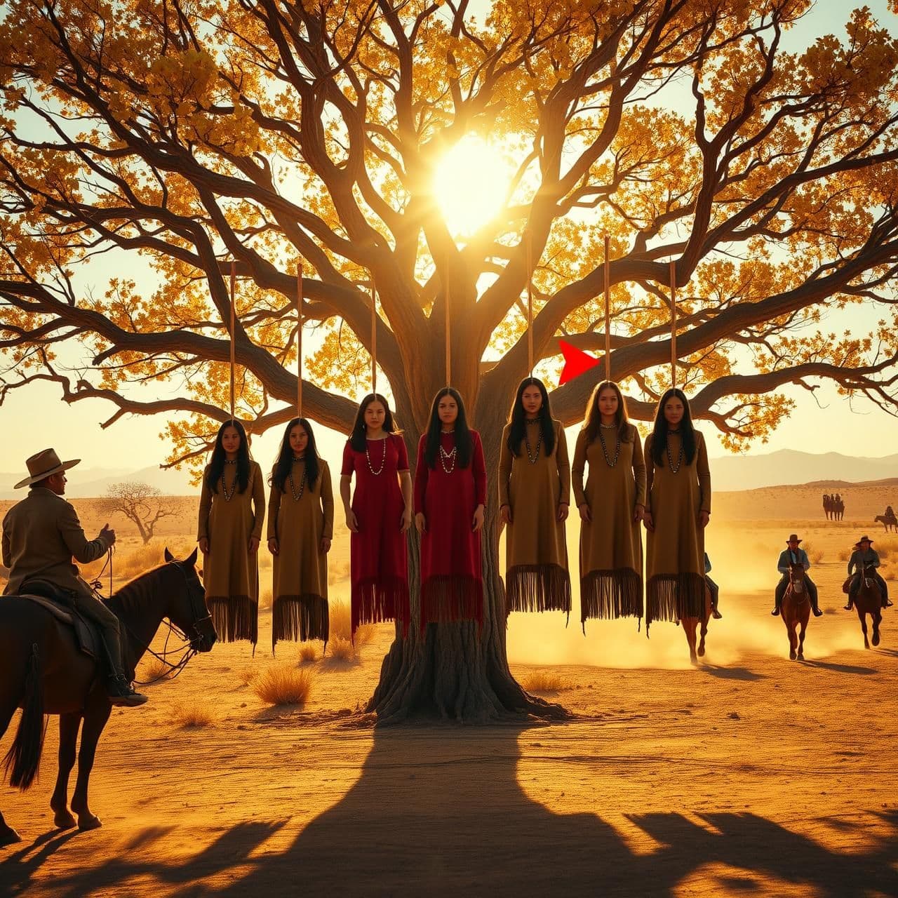 AI generated: “Cinematic Western scene at golden hour in a desert landscape. A large, wide-spreading tree with yellow autumn leaves stands at the center. From multiple strong branches, eight Nat